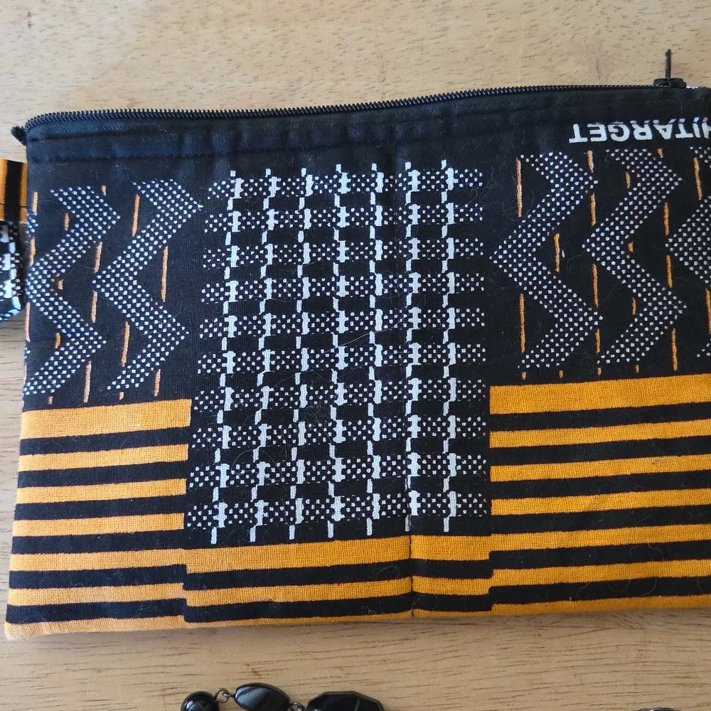 Black and Orange Patterned Bag Set with Beaded Necklace